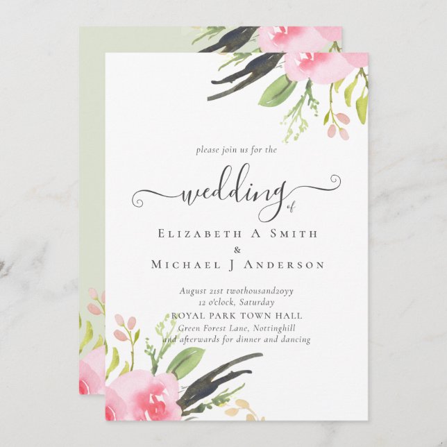 Blush Pink Olive Quality Budget Wedding Invitation (Front/Back)
