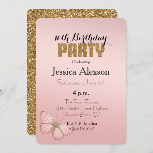 Blush Pink Ombre Butterfly Gold Glitter Invitation