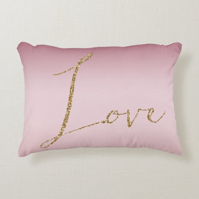 Blush Pink Ombre Glitter Gold Love Accent Pillow (Front)