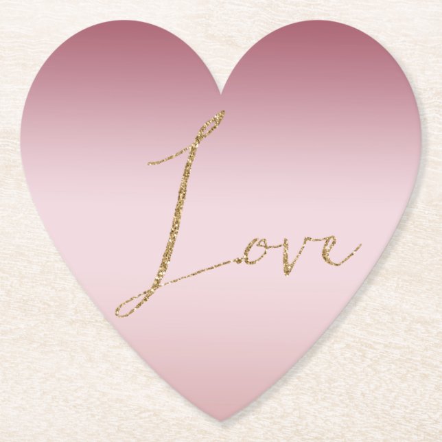 Blush Pink Ombre Glitter Gold Love Paper Coaster (Front)
