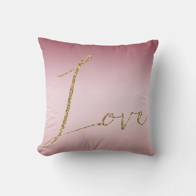 Blush Pink Ombre Glitter Gold Love Throw Pillow (Front)