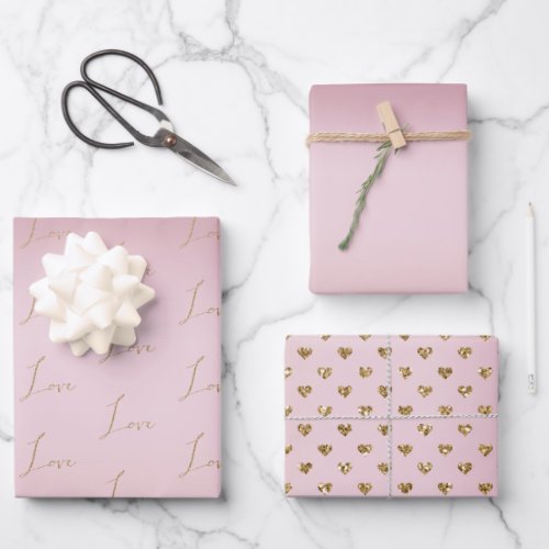 Blush Pink Ombre Glitter Gold Love Wrapping Paper Sheets