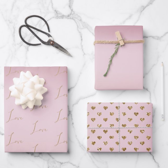 Blush Pink Ombre Glitter Gold Love Wrapping Paper Sheets (Front)