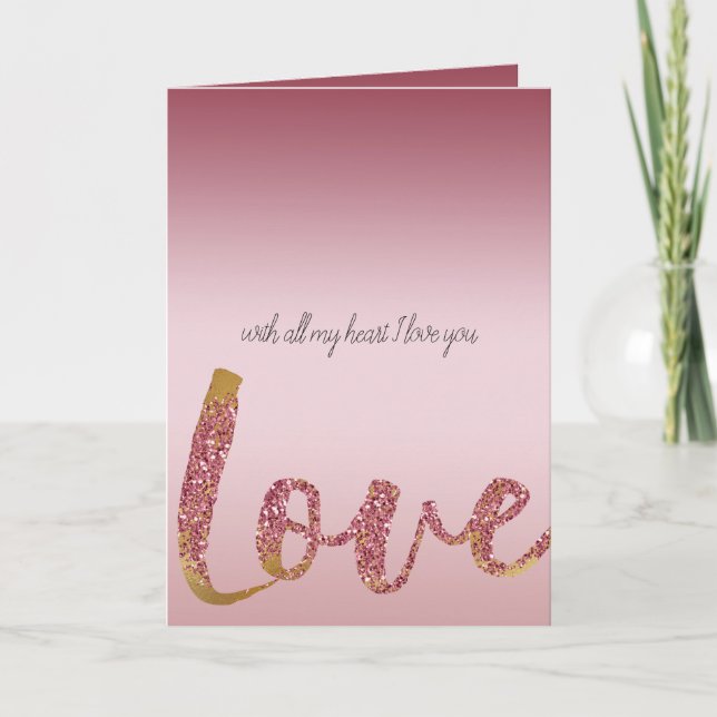 Blush Pink Ombre Glitter Gold Red Love Card (Front)
