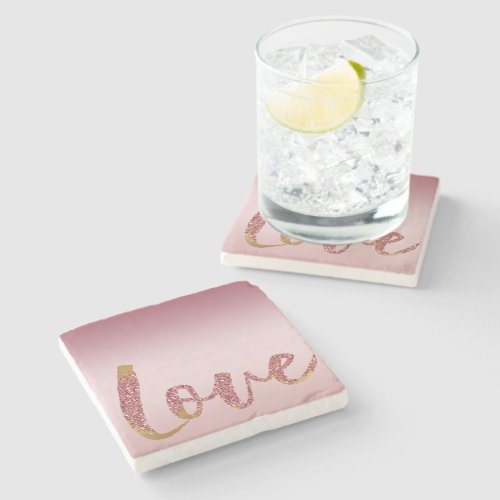Blush Pink Ombre Glitter Gold Red Love Stone Coaster