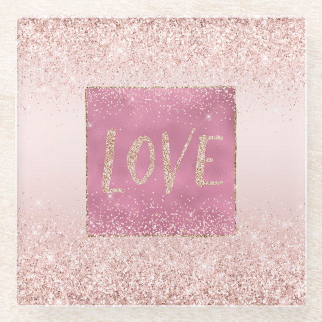 Blush Pink Ombre Glitzy Glitter Sparkle Love      Glass Coaster (Front)