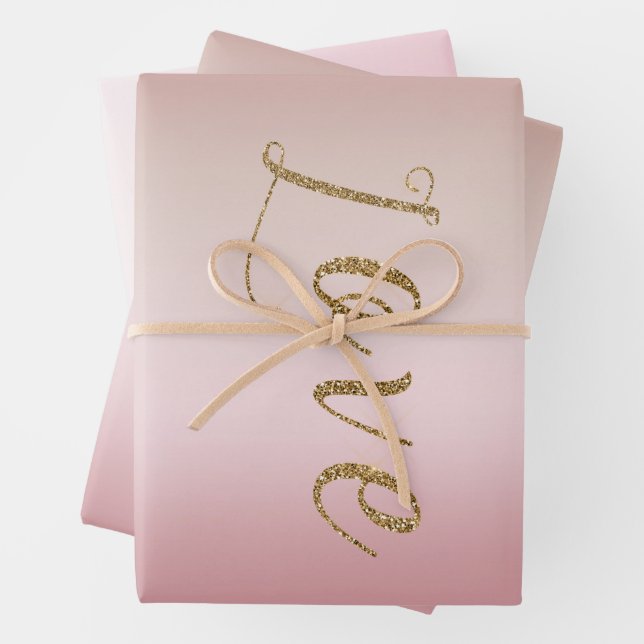 Blush Pink Ombre Gold Glam Glitter Love Wrapping Paper Sheets (In situ)
