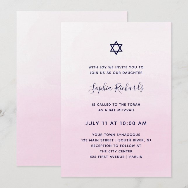 Blush Pink Ombre Watercolor | Bat Mitzvah Invitation (Front/Back)