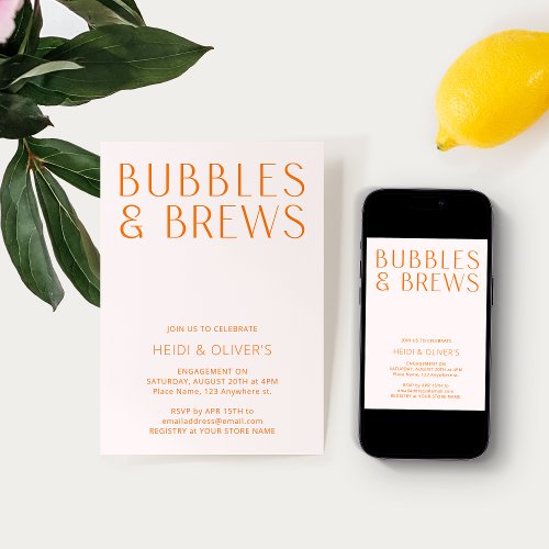 Blush Pink  Orange Bubbles  Brews Engagement Invitation