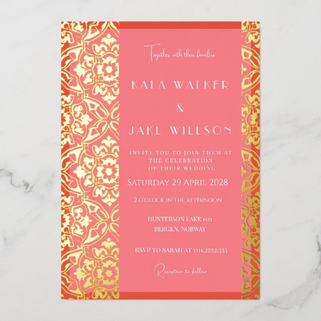 Blush Pink + Orange Red Italian Tile (Solid) Foil Invitation (Front)