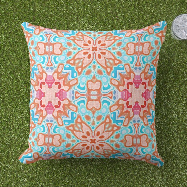 Blush Pink Orange Red Turquoise Blue Tribal Art Outdoor Pillow (Grass)