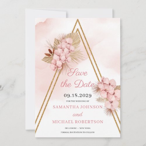 Blush Pink Orchid Faux Gold Arch and Dried Palm  Save The Date