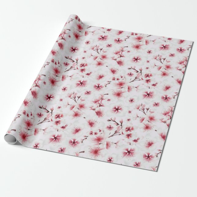 Blush Pink Oriental Japanese Cherry Blossom Wrapping Paper (Unrolled)