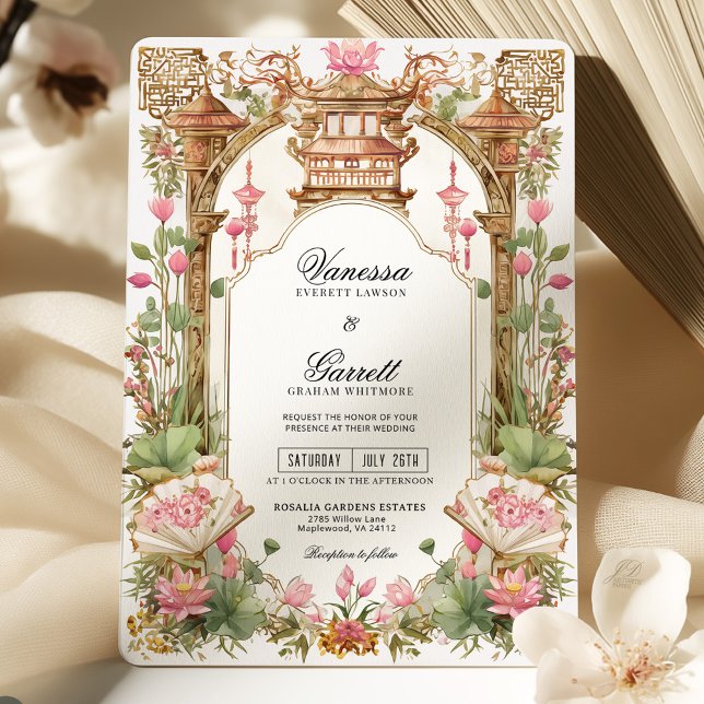 Blush Pink Oriental Lotus Flower Wedding  Invitation (Creator Uploaded)