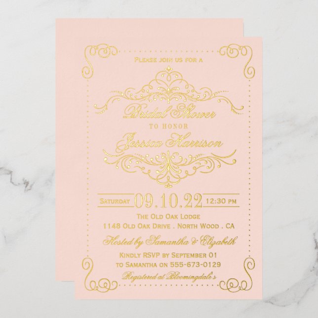 Blush Pink & Ornate Swirls Bridal Shower Real Foil Invitation (Front/Back)