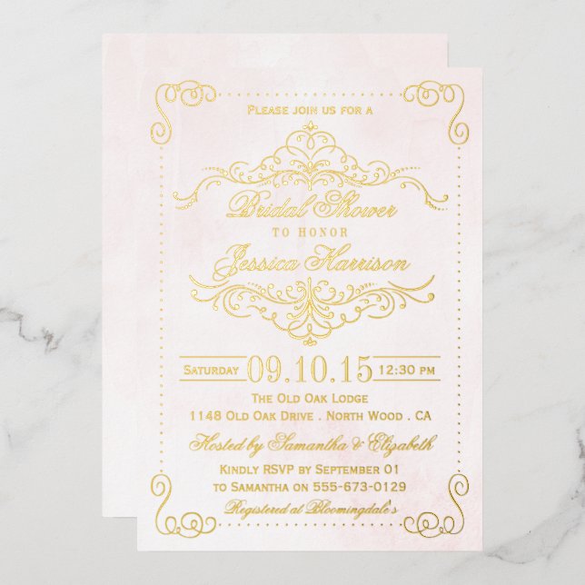Blush Pink & Ornate Swirls Bridal Shower Real Foil Invitation (Front/Back)