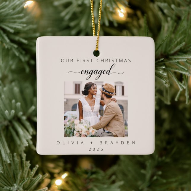 Blush Pink Our First Christmas As Engaged Photo Ceramic Ornament (Tree)