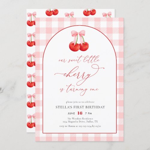 Blush Pink Our Sweet Cherry Girl 1st Birthday Invitation