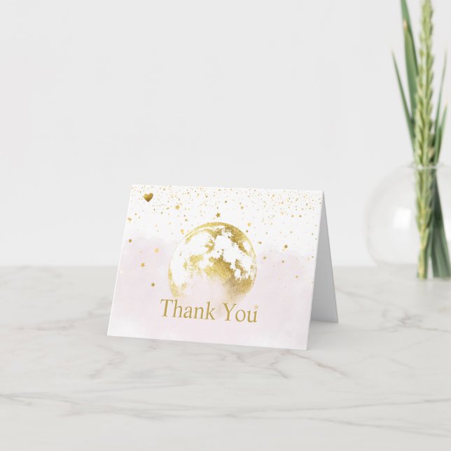 Blush Pink Over the Moon and Stars Celestial Gold Thank You Card (Front)