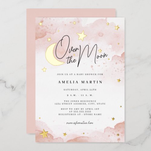 Blush Pink Over the Moon Gold Foil Baby Shower Foil Invitation