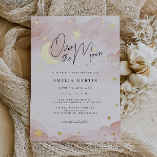 Blush Pink Over the Moon Gold Foil Baby Shower Invitation