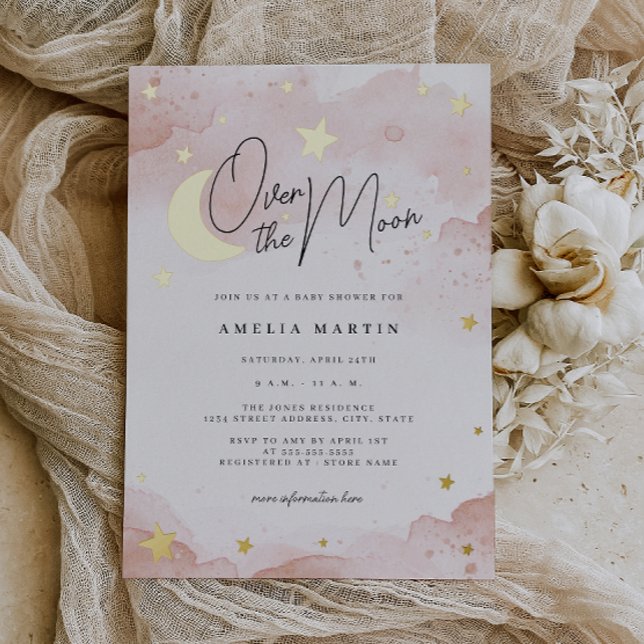 Blush Pink Over the Moon Gold Foil Baby Shower Invitation (Creator Uploaded)