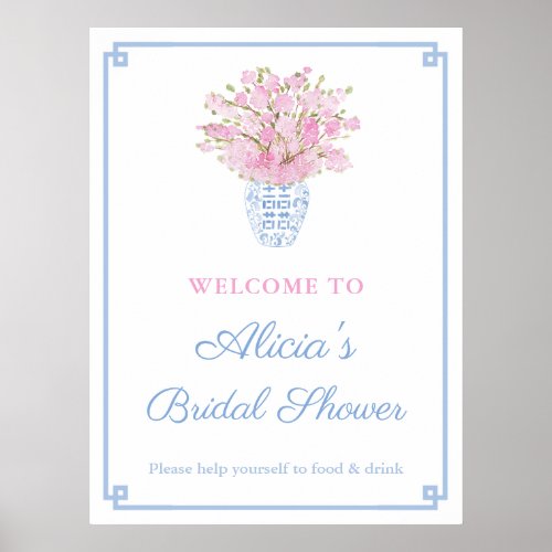 Blush Pink  Pale Blue Chinoiserie Wedding Shower Poster