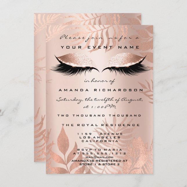 Blush Pink Palm EyesGlitter Copper 16th Bride Invitation (Front/Back)