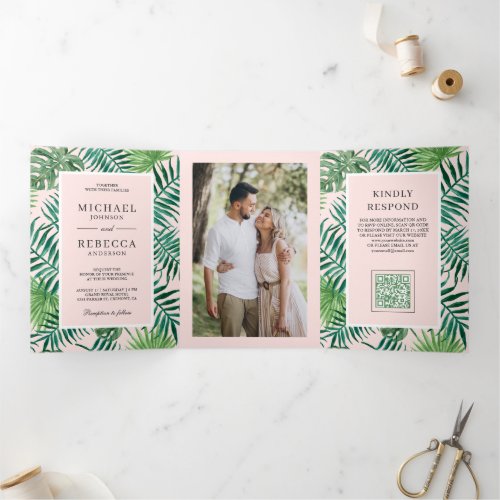 Blush Pink Palm Leaves Tropical QR Code Wedding Tri-Fold Invitation