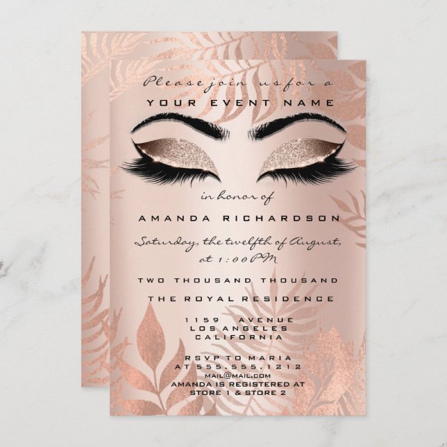 Blush Pink Palm Makeup Glitter Copper 16th Bride Invitation (Front/Back)