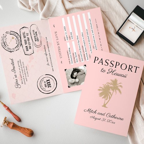 Blush Pink Palm Tree Hawaii Passport Wedding Invitation