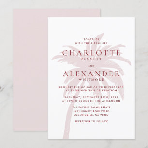 Blush Pink Palm Tree with Red Typography Wedding Invitation