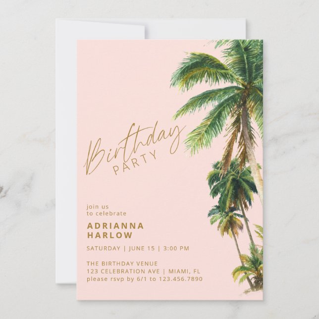 Blush Pink Palm Trees | Any Age Beach Birthday Invitation (Front)