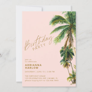 Blush Pink Palm Trees   Any Age Beach Birthday Invitation