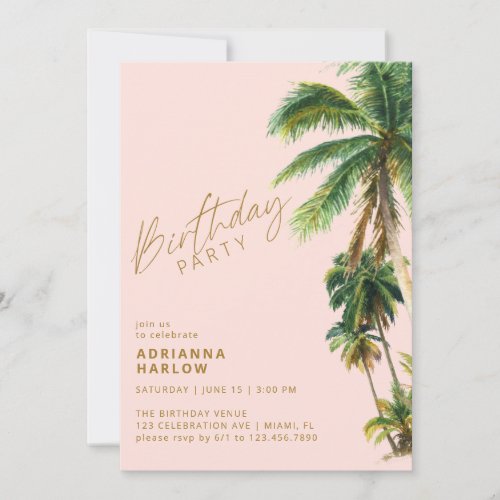 Blush Pink Palm Trees  Any Age Beach Birthday Invitation