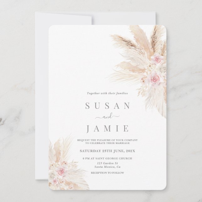 Blush Pink Pampas Boho Wedding invitation (Front)