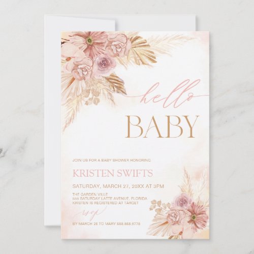 Blush Pink Pampas Floral Hello Baby Shower Invite