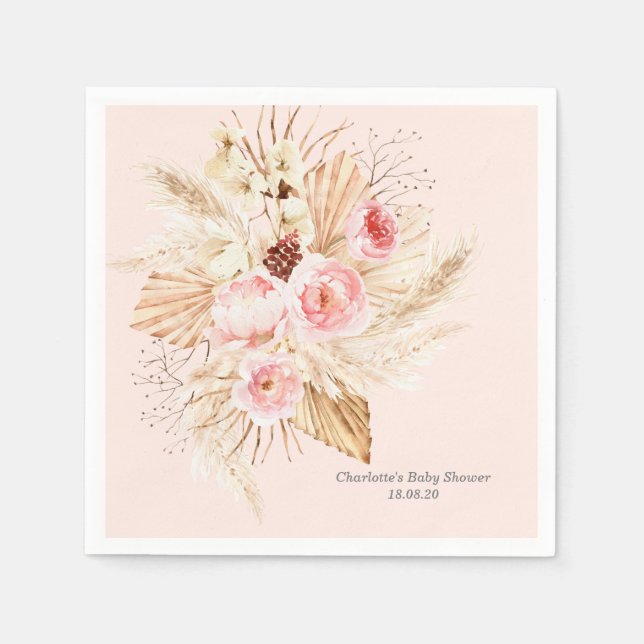 Blush pink Pampas Grass Boho Floral Baby Shower Napkins (Front)