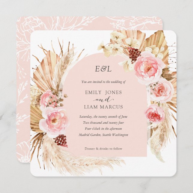 Blush pink Pampas Grass Boho Floral Square wedding Invitation (Front/Back)