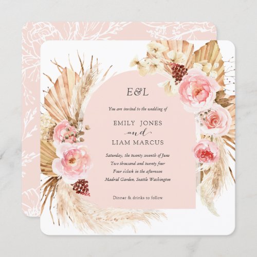 Blush pink Pampas Grass Boho Floral Square wedding Invitation