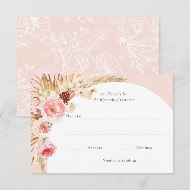 Blush Pink Pampas Grass Boho Floral Wedding RSVP (Front/Back)