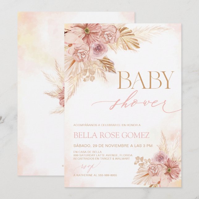 Blush Pink Pampas Grass Spanish Baby Shower Invite (Front/Back)