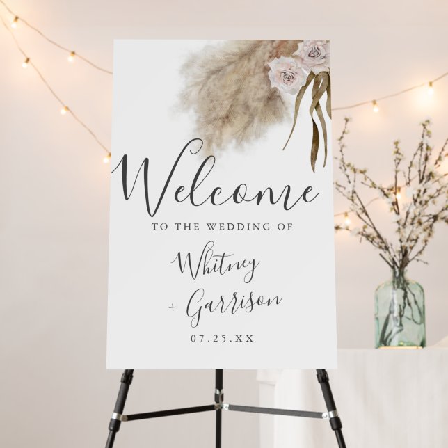Blush Pink Pampas Grass Summer Wedding Sign (In Situ (Stand))