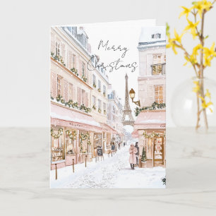 Blush Pink Paris Eiffel Tower Winter Christmas Card
