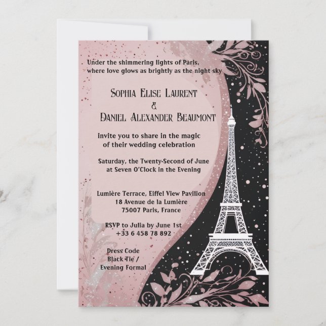 Blush Pink Parisian Night Silver Romantic Wedding Invitation (Front)