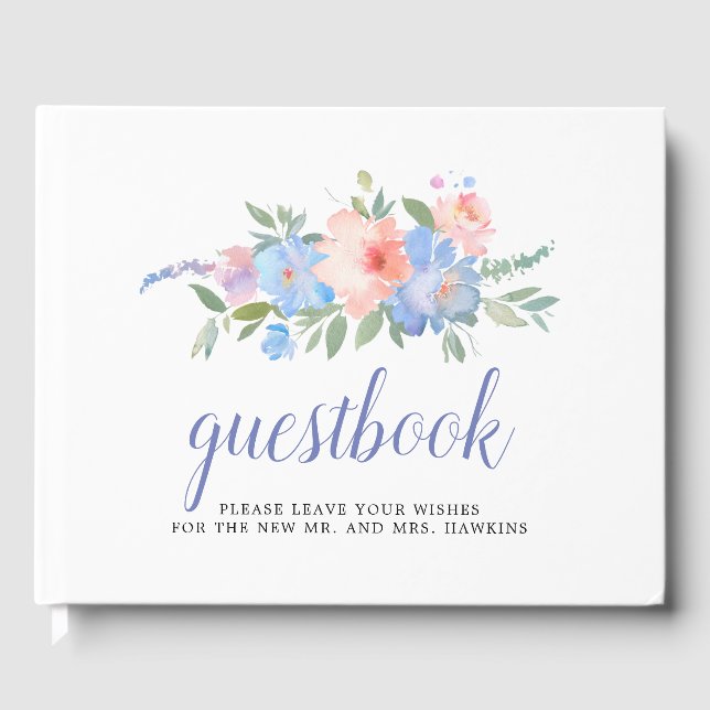 Blush Pink Pastel Blue Floral Wedding Guest Book (Front)