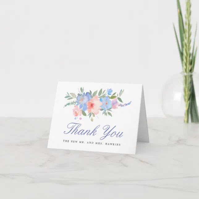 Blush Pink Pastel Blue Floral Wedding Photo Thank You Card | Zazzle