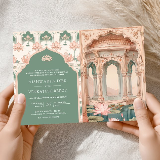 Blush Pink Pastel Green Lotus Pond Indian Wedding Invitation (Creator Uploaded)