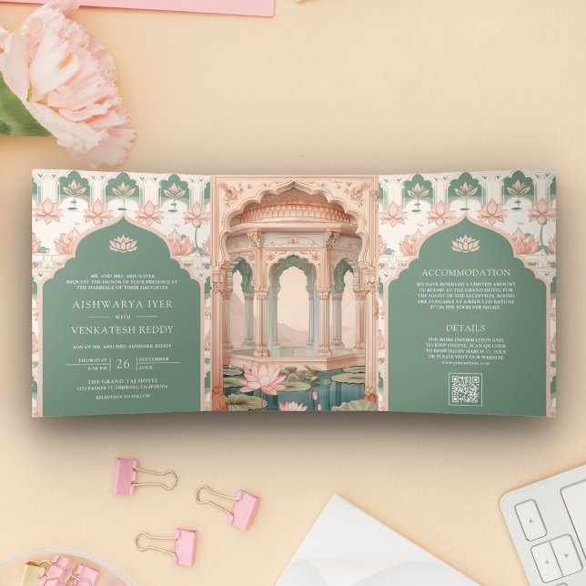 Blush Pink Pastel Green Lotus Pond Indian Wedding Tri-Fold Invitation (Creator Uploaded)
