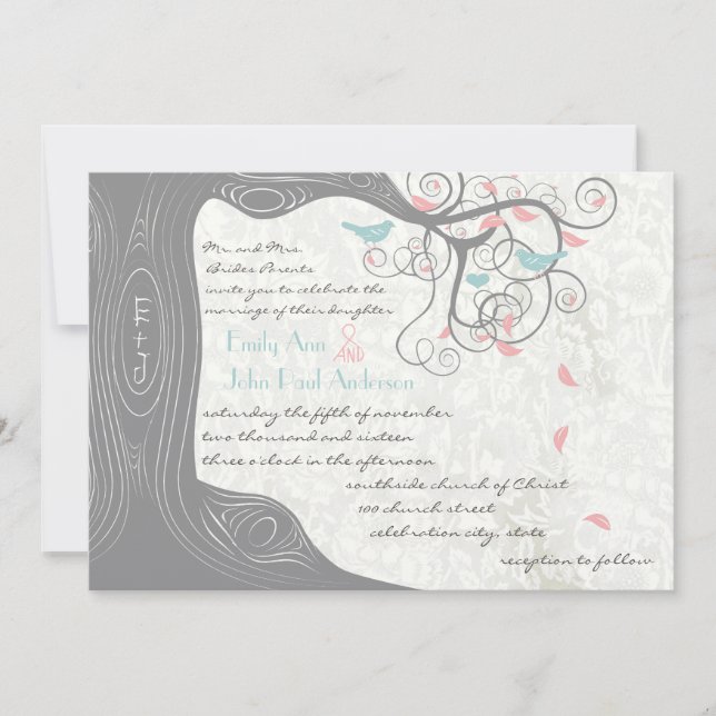 Blush Pink Pastel Mint and Gray Lovebird Wedding Invitation (Front)
